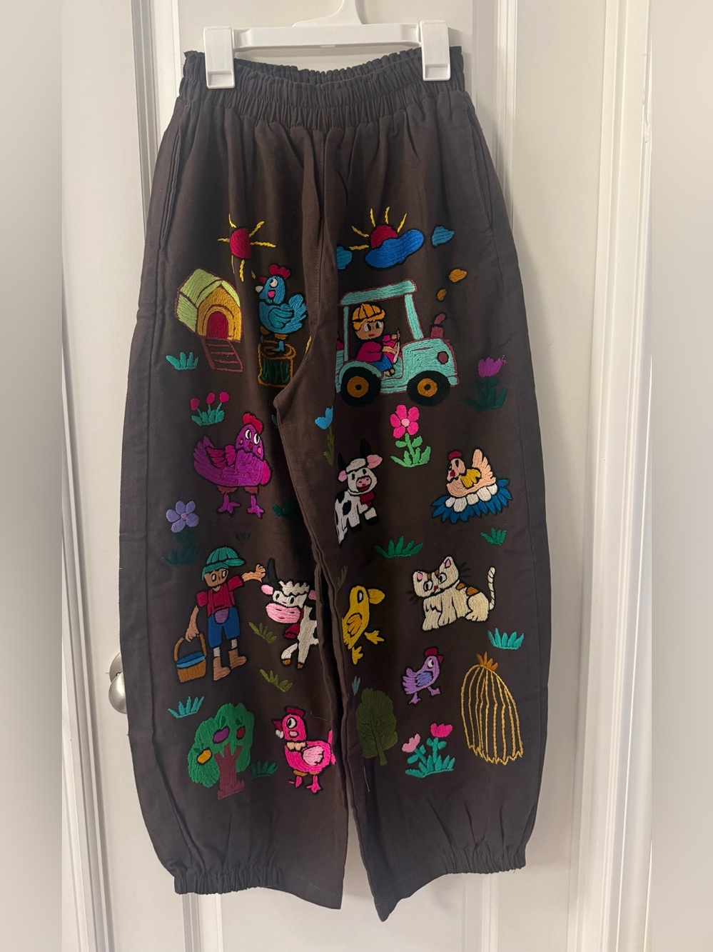 RareEmbroidered  Farm Animal Joggers in Choco Brown with Bright Multi-Color Moti